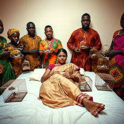 A worried and exhausted young pregnant Indian woman in a saree, laying on a bed, appearing tired and distressed