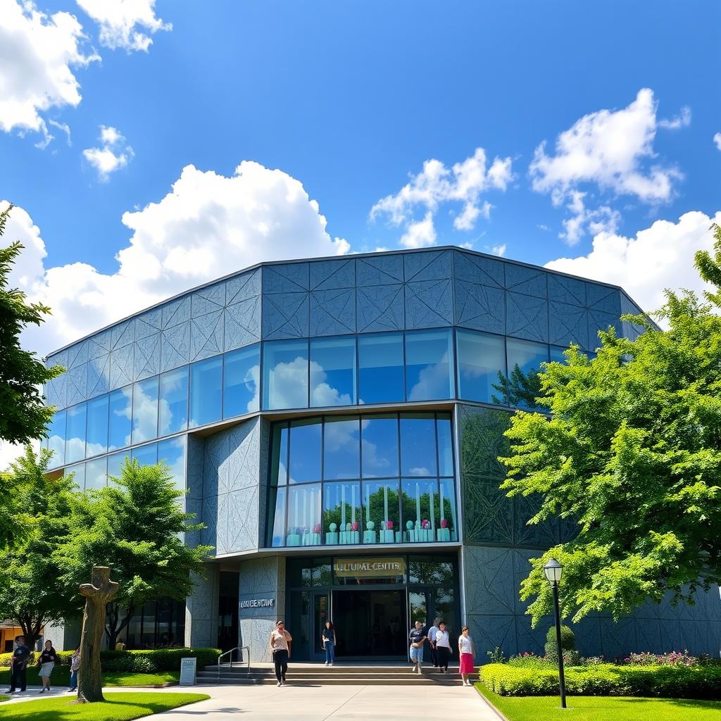 A cultural center with a unique hexagonal facade, showcasing modern architecture