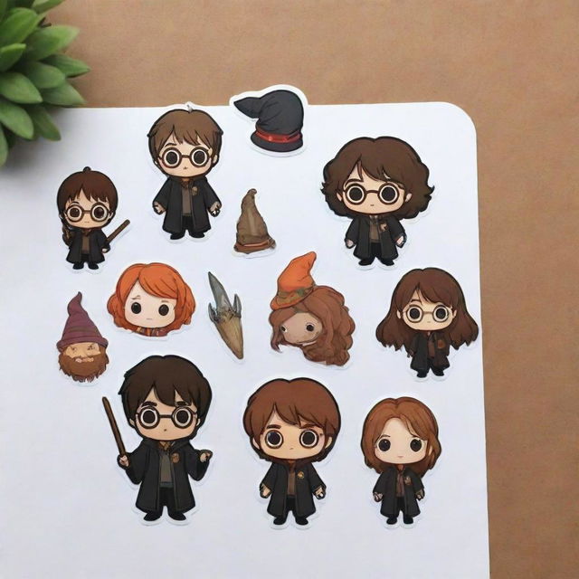 Adorable, animated sticker cutouts with a Harry Potter theme. Include charm-filled elements like chibi versions of Harry, Hermione, Ron, the Sorting Hat, Hagrid, and various magical creatures and artifacts.