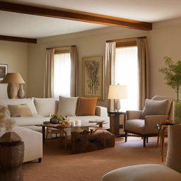 An inviting room design showcasing an optimal blend of comfort and aesthetics, with well-placed furniture, warm lighting, and tasteful decor.