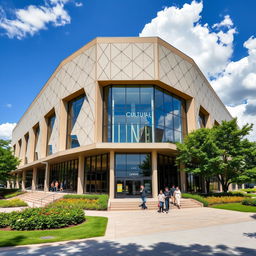 A cultural center with a unique hexagonal facade, showcasing modern architecture