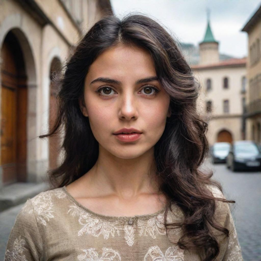 A Georgian girl showcasing traditional fashion, with distinctive facial features, olive skin, dark wavy hair and brown eyes. She poses elegantly against a backdrop of Tbilisi's charming old town architecture.