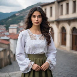 A Georgian girl showcasing traditional fashion, with distinctive facial features, olive skin, dark wavy hair and brown eyes. She poses elegantly against a backdrop of Tbilisi's charming old town architecture.