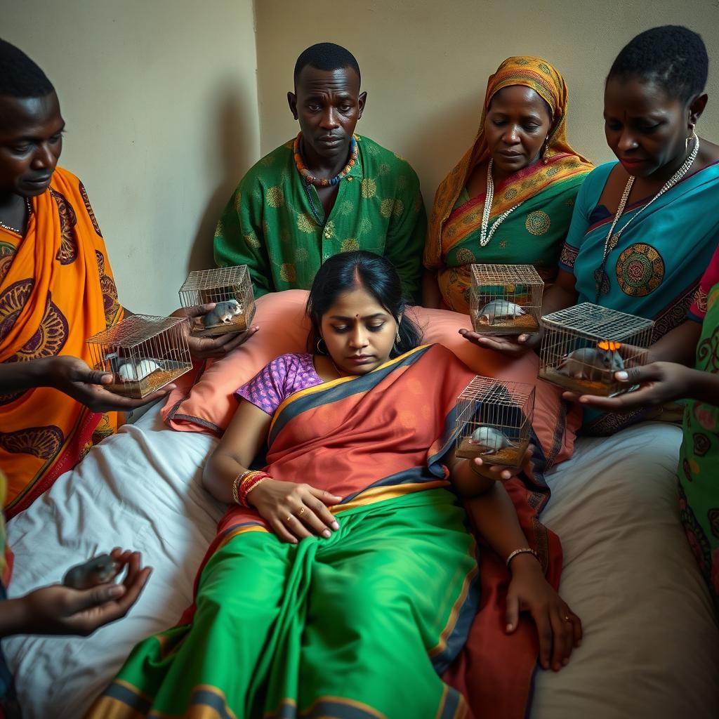 A young Indian woman in a colorful saree, laying on a bed with a weary expression, showcasing her exhaustion and care