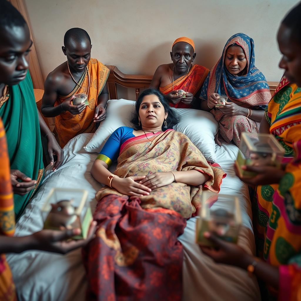 A young Indian woman in a colorful saree, laying on a bed with a weary expression, showcasing her exhaustion and care