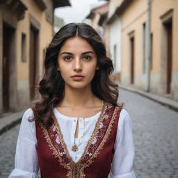 A Georgian girl showcasing traditional fashion, with distinctive facial features, olive skin, dark wavy hair and brown eyes. She poses elegantly against a backdrop of Tbilisi's charming old town architecture.