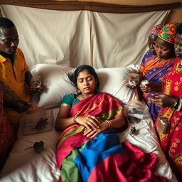 A young Indian woman in a colorful saree, laying on a bed with a weary expression, showcasing her exhaustion and care