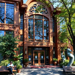 A beautifully designed library facade featuring large glass windows, intricate wooden details, and an inviting entrance