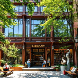 A beautifully designed library facade featuring large glass windows, intricate wooden details, and an inviting entrance