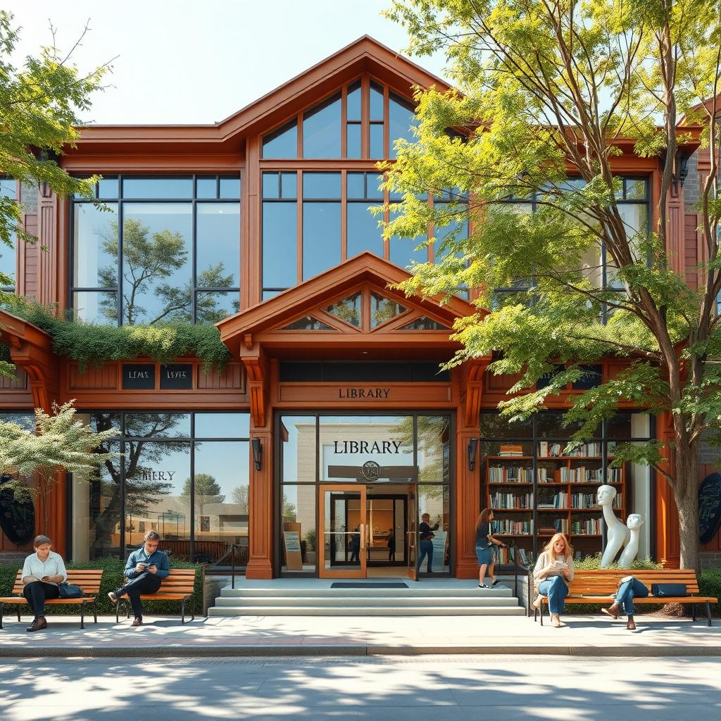 A beautifully designed library facade featuring large glass windows, intricate wooden details, and an inviting entrance