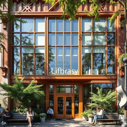 A beautifully designed library facade featuring large glass windows, intricate wooden details, and an inviting entrance