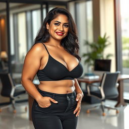 A realistic image of a beautiful, mature chubby Indian woman aged 40, wearing a black bra and low waist black tight jeans paired with red heels