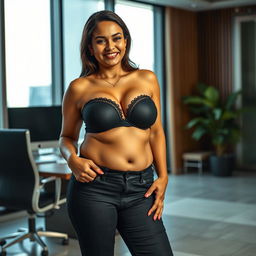 A realistic image of a beautiful, mature chubby Indian woman aged 40, wearing a black bra and low waist black tight jeans paired with red heels