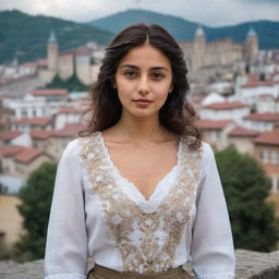 A Georgian girl showcasing traditional fashion, with distinctive facial features, olive skin, dark wavy hair and brown eyes. She poses elegantly against a backdrop of Tbilisi's charming old town architecture.