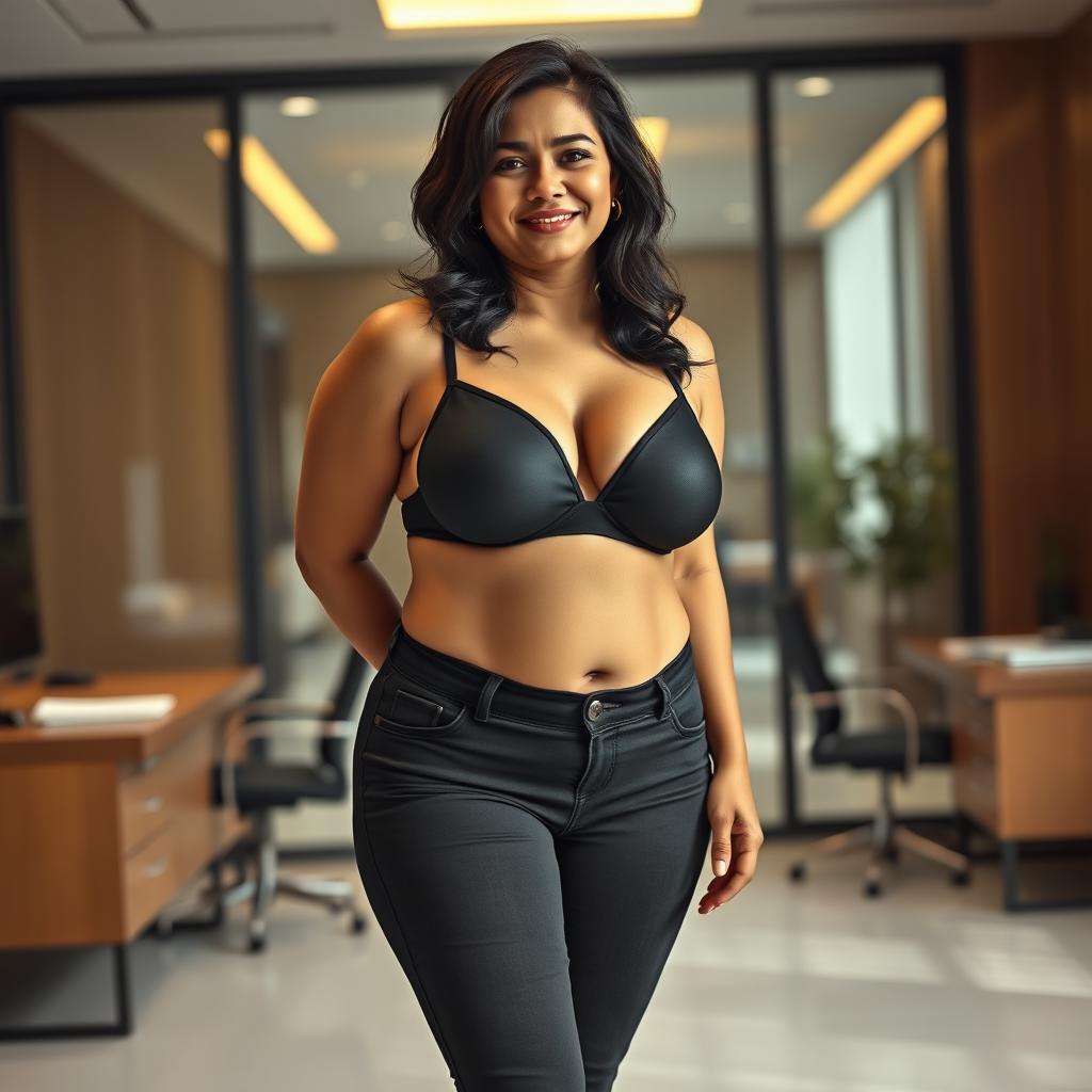 A realistic image of a beautiful, mature chubby Indian woman aged 40, wearing a black bra and low waist black tight jeans paired with red heels