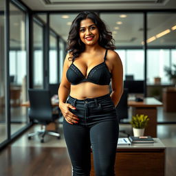 A realistic image of a beautiful, mature chubby Indian woman aged 40, wearing a black bra and low waist black tight jeans paired with red heels