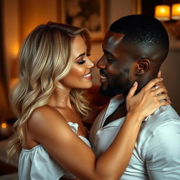 A passionate scene showing an attractive blonde woman engaging in an intimate and sensual moment with an African American man, both displaying strong chemistry and connection