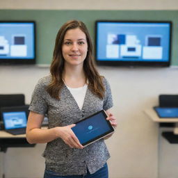 A 21st century teacher in her 20's standing in a tech-savvy classroom. She's holding a tablet, with computers, projectors, and other modern tools evident in the backdrop.