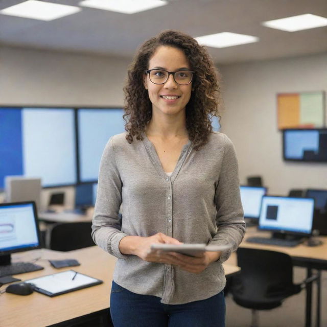 A 21st century teacher in her 20's standing in a tech-savvy classroom. She's holding a tablet, with computers, projectors, and other modern tools evident in the backdrop.