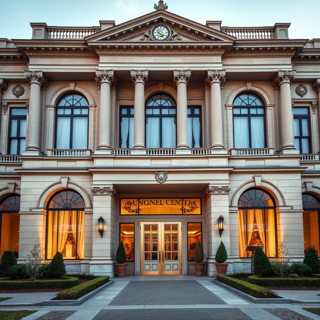 A classic architectural facade of a cultural center, showcasing grand columns, detailed moldings, and intricate stonework