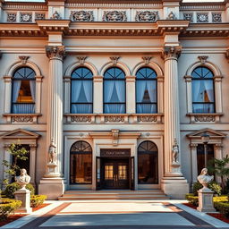 A classic architectural facade of a cultural center, showcasing grand columns, detailed moldings, and intricate stonework