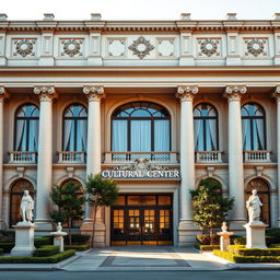 A classic architectural facade of a cultural center, showcasing grand columns, detailed moldings, and intricate stonework