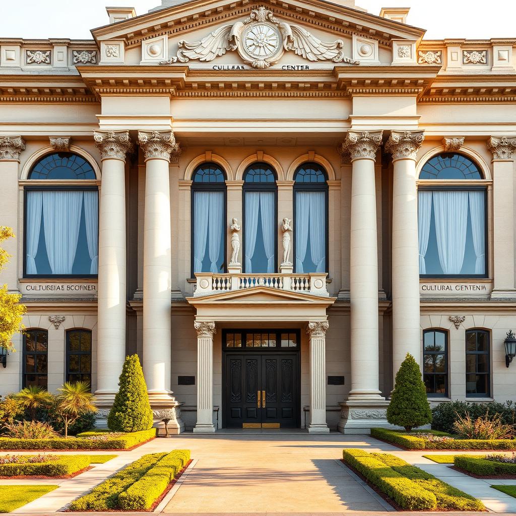 A classic architectural facade of a cultural center, showcasing grand columns, detailed moldings, and intricate stonework