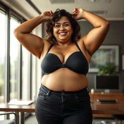 A realistic image of a beautiful mature chubby Indian woman aged 40, wearing a black bra and low-waist black tight jeans