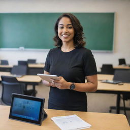 A 21st century teacher in her 20's standing in a tech-savvy classroom. She's holding a tablet, with computers, projectors, and other modern tools evident in the backdrop.