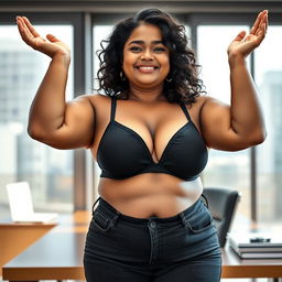 A realistic image of a beautiful mature chubby Indian woman aged 40, wearing a black bra and low-waist black tight jeans