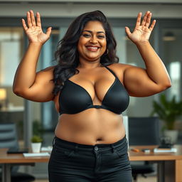 A realistic image of a beautiful mature chubby Indian woman aged 40, wearing a black bra and low-waist black tight jeans