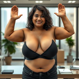 A realistic image of a beautiful mature chubby Indian woman aged 40, wearing a black bra and low-waist black tight jeans