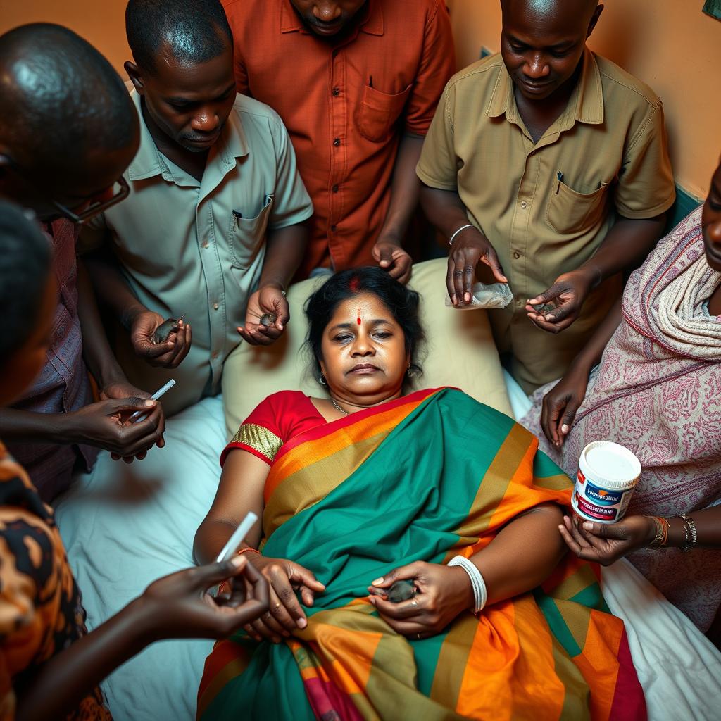 An Indian woman in a colorful saree, laying on a bed with a concerned expression, surrounded by a group of African men and women who are standing around the bed, not on it