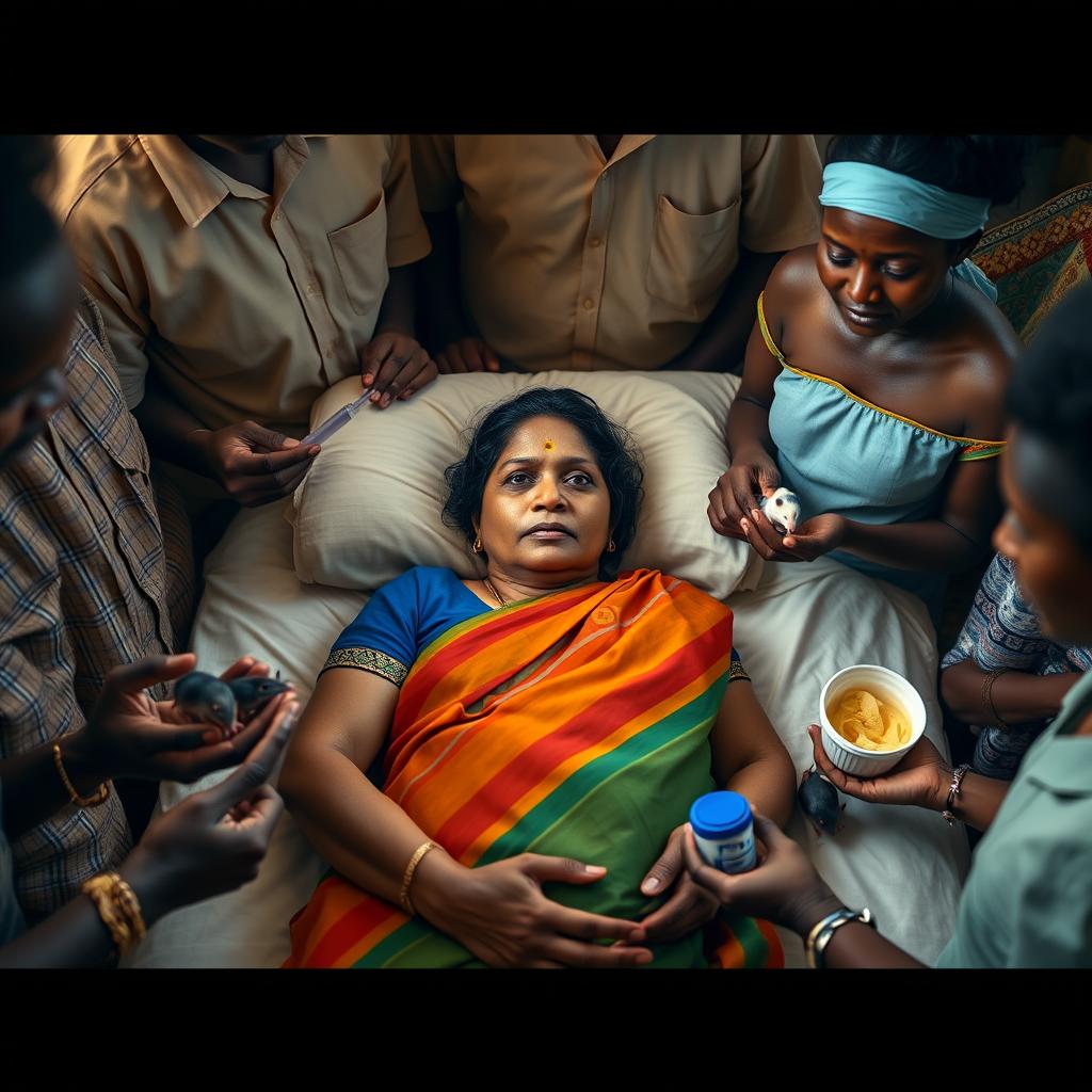 An Indian woman in a colorful saree, laying on a bed with a concerned expression, surrounded by a group of African men and women who are standing around the bed, not on it