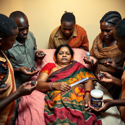 An Indian woman in a colorful saree, laying on a bed with a concerned expression, surrounded by a group of African men and women who are standing around the bed, not on it