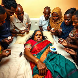 An Indian woman in a colorful saree, laying on a bed with a concerned expression, surrounded by a group of African men and women who are standing around the bed, not on it