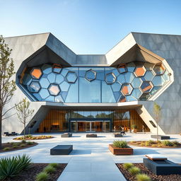 A cultural center facade designed by architect Bjarke Ingels, featuring a striking hexagonal shape that emphasizes modern architecture