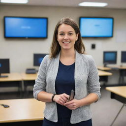 A 21st century teacher in her 20's standing in a tech-savvy classroom. She's holding a tablet, with computers, projectors, and other modern tools evident in the backdrop.