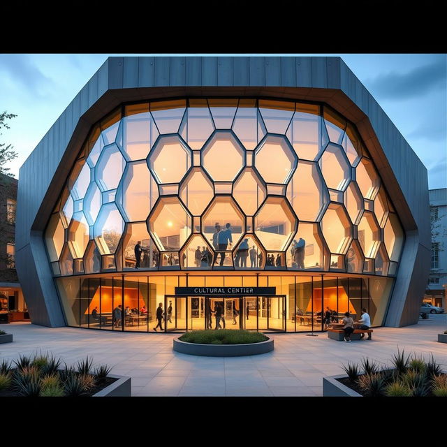 A cultural center facade designed by architect Bjarke Ingels, featuring a striking hexagonal shape that emphasizes modern architecture