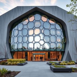 A cultural center facade designed by architect Bjarke Ingels, featuring a striking hexagonal shape that emphasizes modern architecture