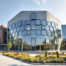 A cultural center facade designed by architect Bjarke Ingels, featuring a striking hexagonal shape that emphasizes modern architecture