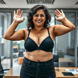 A realistic image of a beautiful mature Indian woman aged 40, slightly chubby but not overly slim or fat, wearing a black bra and low-waist black tight jeans