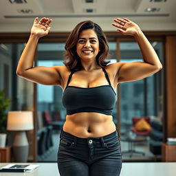 A realistic image of a beautiful mature Indian woman aged 40, slightly chubby but not overly slim or fat, wearing a black bra and low-waist black tight jeans