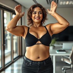 A realistic image of a beautiful mature Indian woman aged 40, slightly chubby but not overly slim or fat, wearing a black bra and low-waist black tight jeans