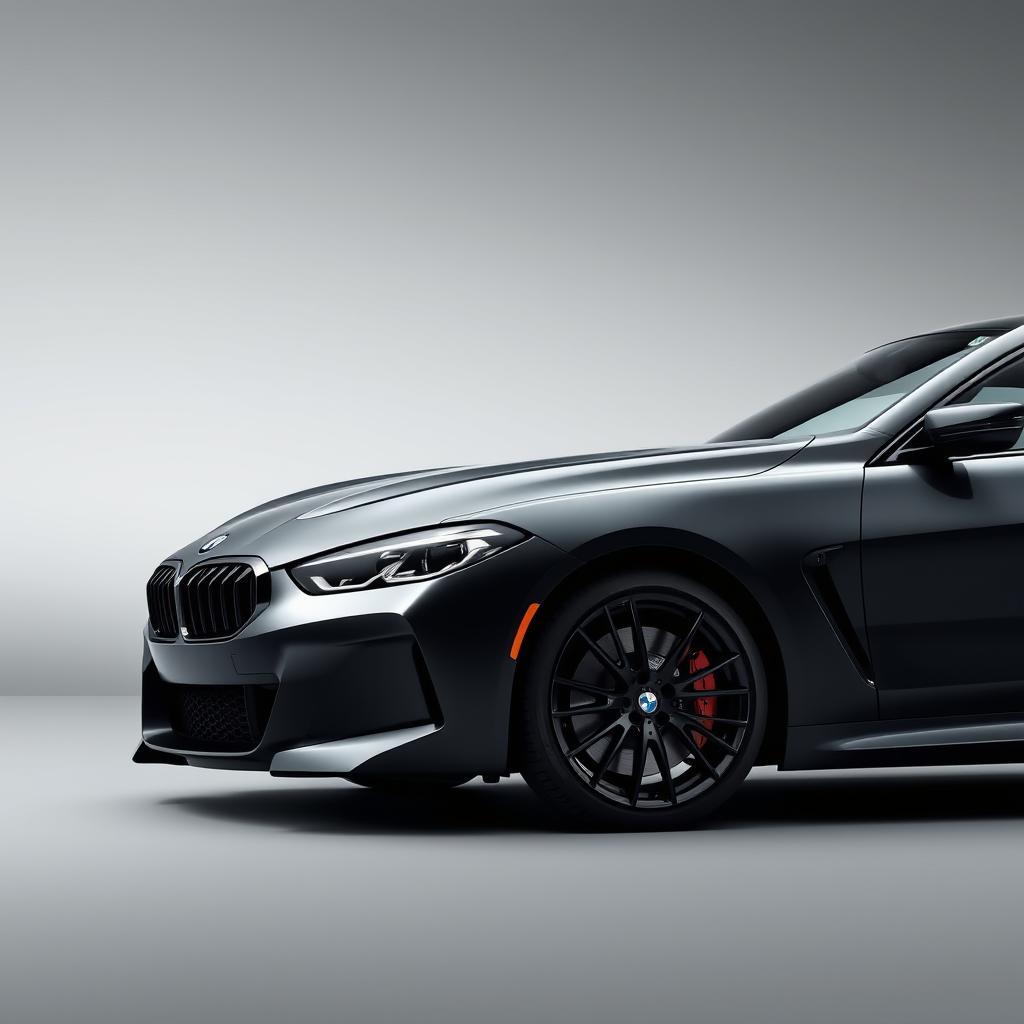 A sleek BMW M8 with black wheels showcased prominently against a stylish grey background