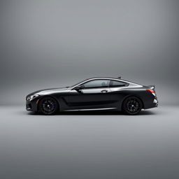 A sleek BMW M8 with black wheels showcased prominently against a stylish grey background