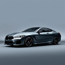 A sleek BMW M8 with black wheels showcased prominently against a stylish grey background