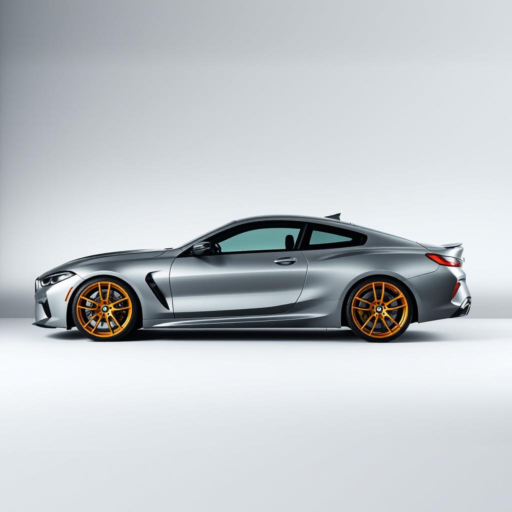 A sleek BMW M8 with shiny gold wheels showcased prominently against a stylish grey background