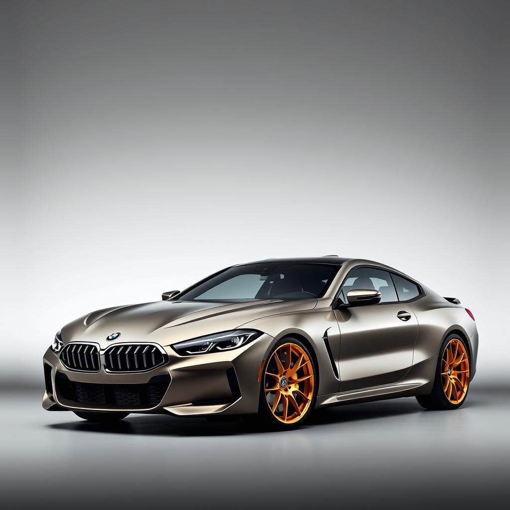 A sleek BMW M8 with shiny gold wheels showcased prominently against a stylish grey background