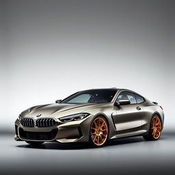 A sleek BMW M8 with shiny gold wheels showcased prominently against a stylish grey background